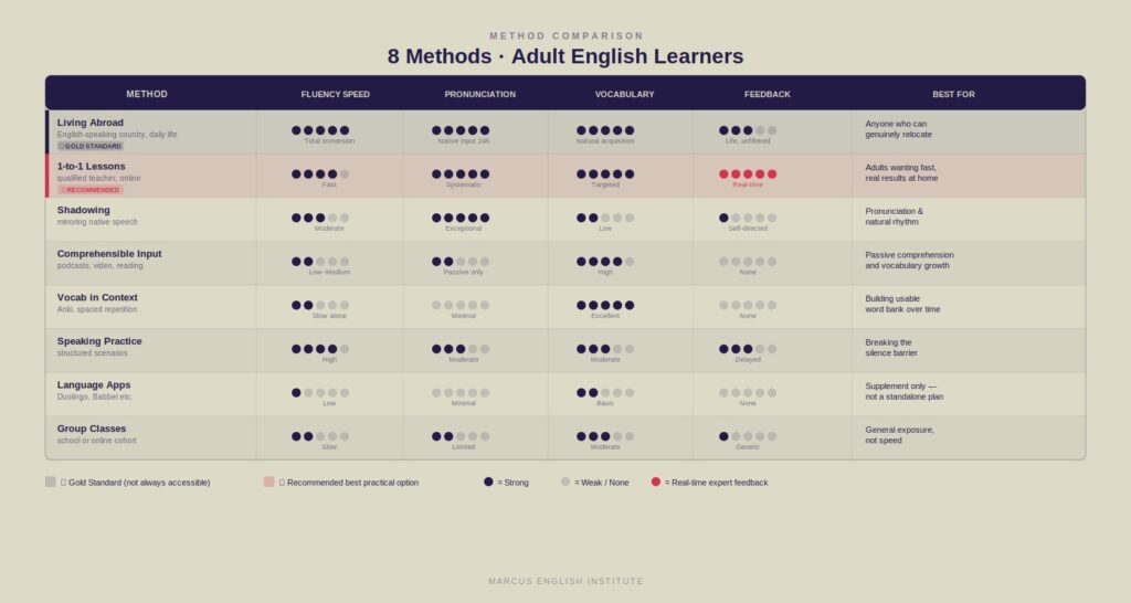 mei-methods-comparison(1) fastest English learning methods for adults — comparison table